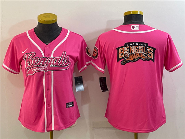 Women's Cincinnati Bengals Pink Team Big Logo With Patch Cool Base Stitched Baseball Jersey(Run Small)